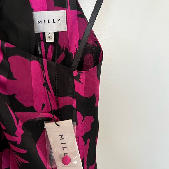 NWT: MILLY Floral Shadow Tie Halter Neck Sleeveless Dress In Magenta - Picture 3 of 11